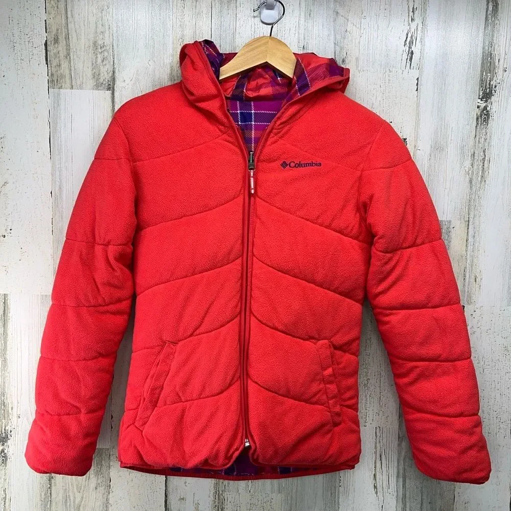 Columbia Reversible Coral Purple Plaid Winter Coat Girls 14/16 - Picture 3 of 9